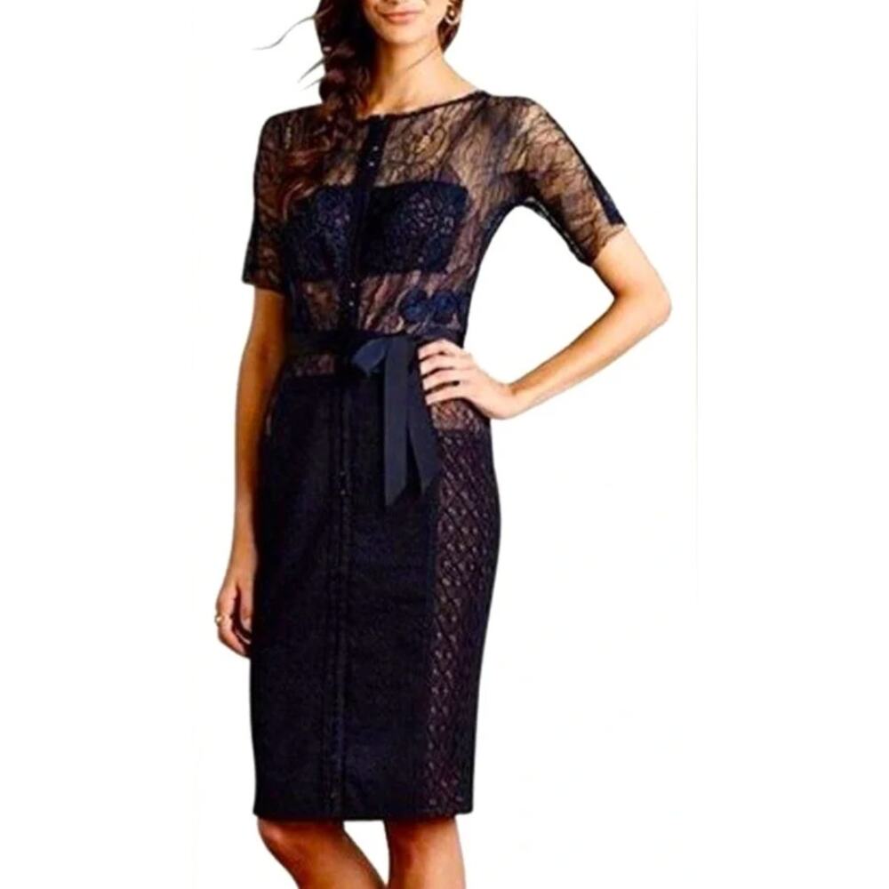 Beguile by Byron Lars Carissma Sheath Dress Navy Blue Lace Illusion 4 Cocktail